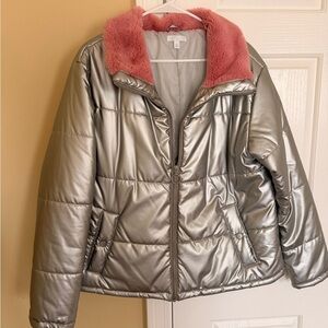 Metallic Silver Puffer Jacket with Pink Faux Fur Collar